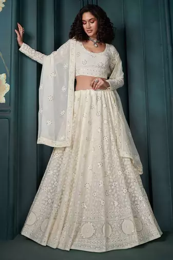 Off White Embroidered Georgette Thread Work Lehenga Choli - Free size
