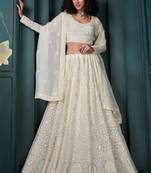 Off White Embroidered Georgette Thread Work Lehenga Choli - Free size