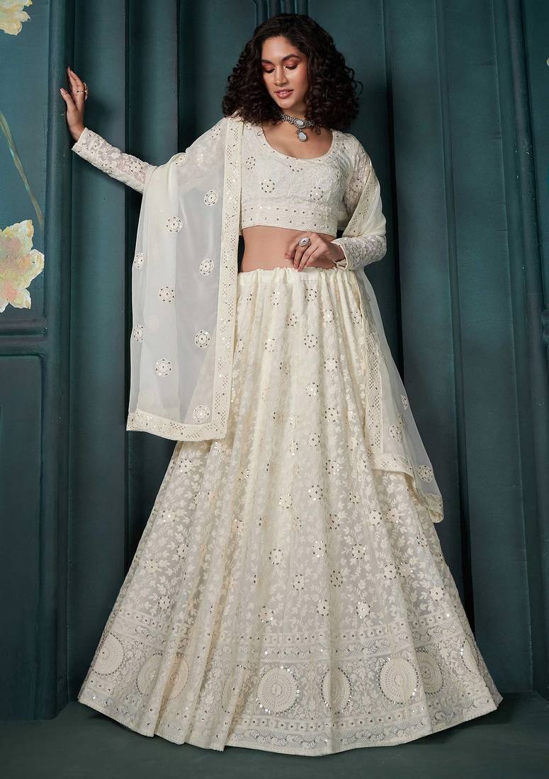 Off White Embroidered Georgette Thread Work Lehenga Choli - Free size
