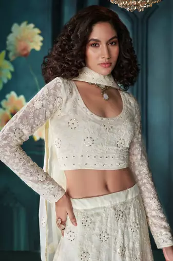 Off White Embroidered Georgette Thread Work Lehenga Choli - Free size