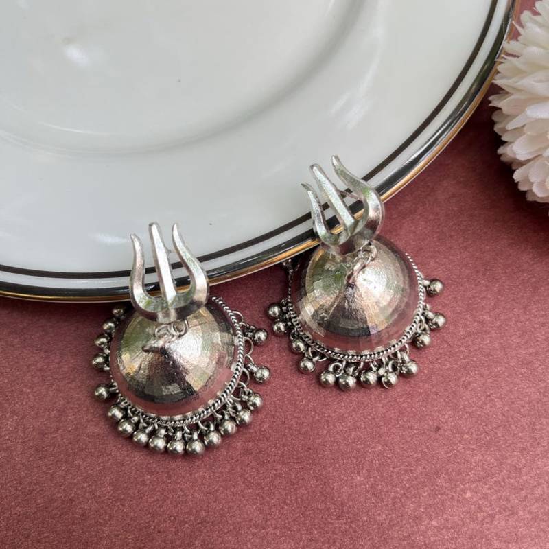 Oxidized Silver Trishul Jhumka Earrings: Indian Temple Jewelry