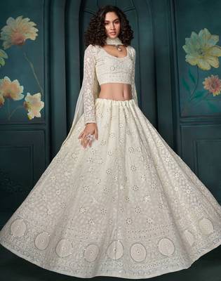 Off White Embroidered Georgette Thread Work Lehenga Choli - Free size 3