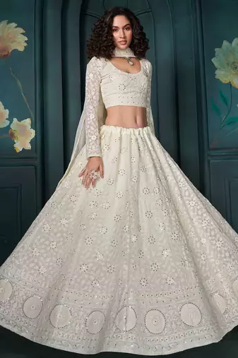 Off White Embroidered Georgette Thread Work Lehenga Choli - Free size