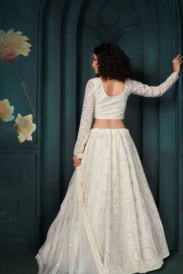 Off White Embroidered Georgette Thread Work Lehenga Choli - Free size 4