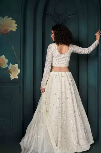 Off White Embroidered Georgette Thread Work Lehenga Choli - Free size