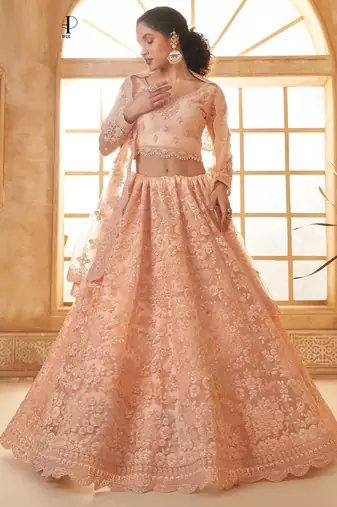 Peach Embroidered Net Thread Work Lehenga Choli - Free size