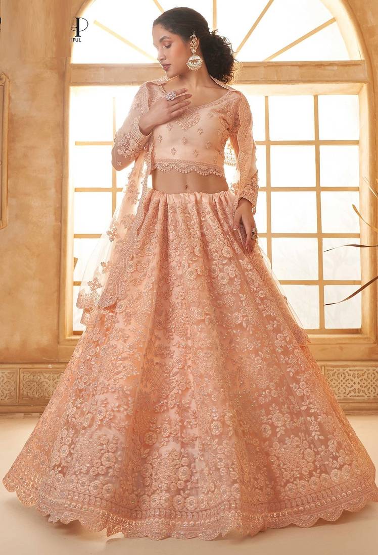 Peach Embroidered Net Thread Work Lehenga Choli - Free size