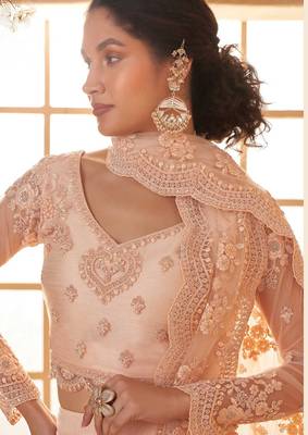 Peach Embroidered Net Thread Work Lehenga Choli - Free size 2