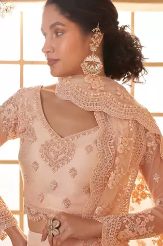 Peach Embroidered Net Thread Work Lehenga Choli - Free size