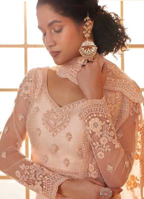 Peach Embroidered Net Thread Work Lehenga Choli - Free size 3