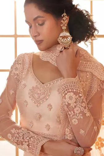 Peach Embroidered Net Thread Work Lehenga Choli - Free size