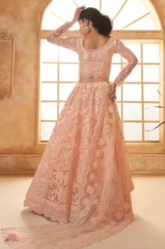 Peach Embroidered Net Thread Work Lehenga Choli - Free size