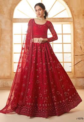 Red Embroidered Net Thread Work Lehenga Choli - Free size 1