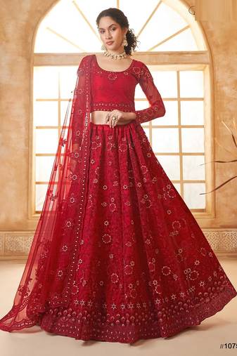 Red Embroidered Net Thread Work Lehenga Choli - Free size