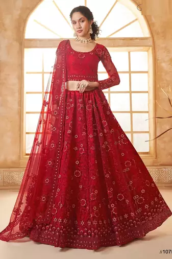 Red Embroidered Net Thread Work Lehenga Choli - Free size