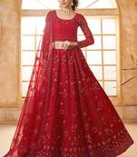 Red Embroidered Net Thread Work Lehenga Choli - Free size