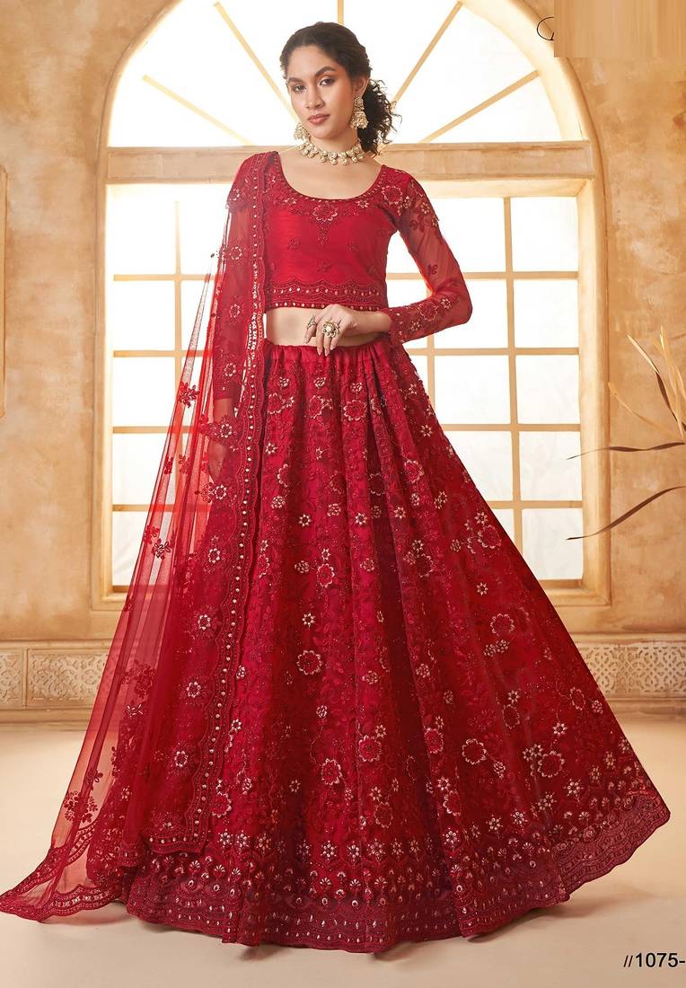Red Embroidered Net Thread Work Lehenga Choli - Free size