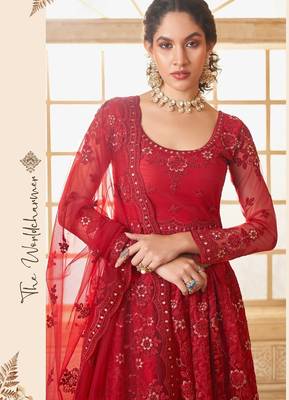 Red Embroidered Net Thread Work Lehenga Choli - Free size 2
