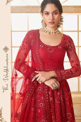 Red Embroidered Net Thread Work Lehenga Choli - Free size