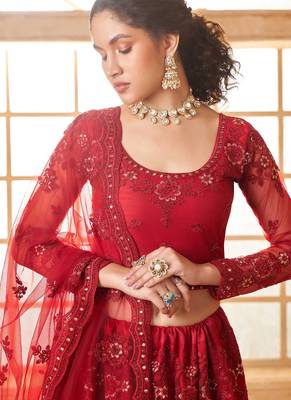 Red Embroidered Net Thread Work Lehenga Choli - Free size 3