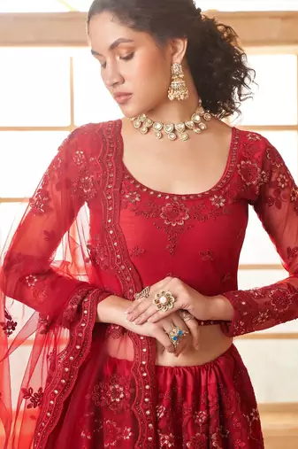 Red Embroidered Net Thread Work Lehenga Choli - Free size