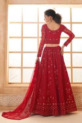 Red Embroidered Net Thread Work Lehenga Choli - Free size 4