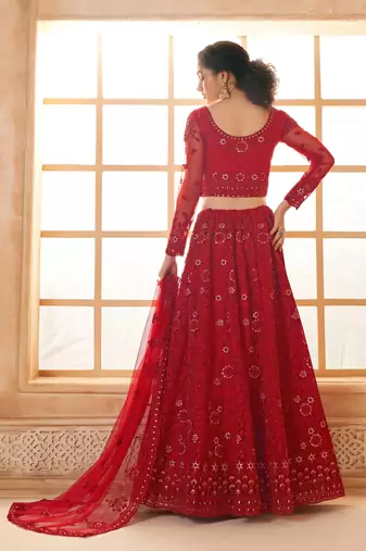 Red Embroidered Net Thread Work Lehenga Choli - Free size