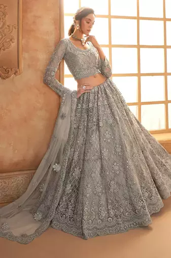 Grey Embroidered Net Thread Work Lehenga Choli - Free size