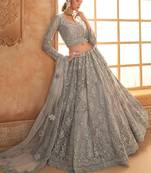 Grey Embroidered Net Thread Work Lehenga Choli - Free size