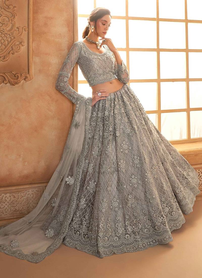 Grey Embroidered Net Thread Work Lehenga Choli - Free size