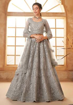 Grey Embroidered Net Thread Work Lehenga Choli - Free size 3