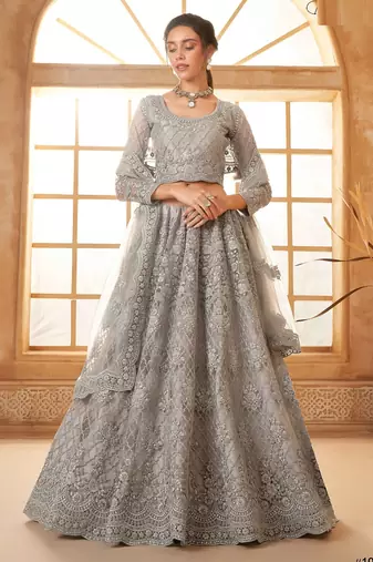 Grey Embroidered Net Thread Work Lehenga Choli - Free size