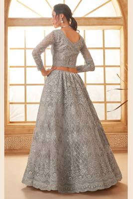 Grey Embroidered Net Thread Work Lehenga Choli - Free size 4
