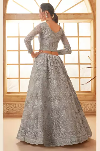 Grey Embroidered Net Thread Work Lehenga Choli - Free size