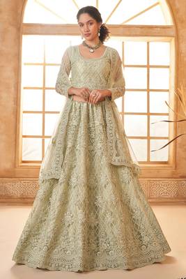 Pista Green Embroidered Net Thread Work Lehenga Choli - Free size 1