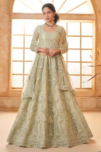 Pista Green Embroidered Net Thread Work Lehenga Choli - Free size
