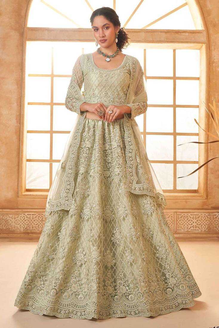 Pista Green Embroidered Net Thread Work Lehenga Choli - Free size