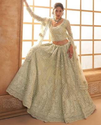 Pista Green Embroidered Net Thread Work Lehenga Choli - Free size 3