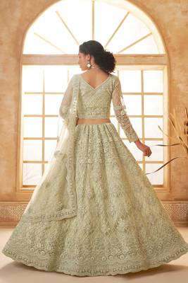 Pista Green Embroidered Net Thread Work Lehenga Choli - Free size 4