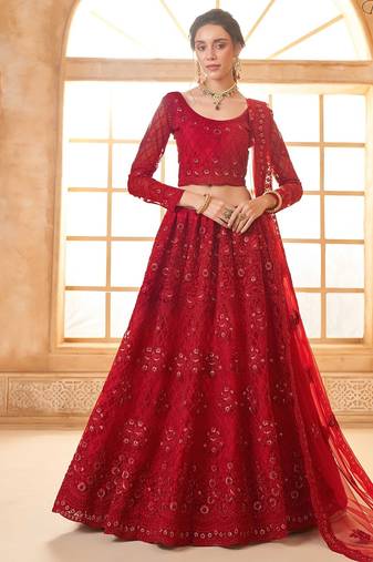 Red Embroidered Net Thread Work Lehenga Choli - Free size