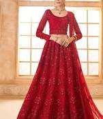 Red Embroidered Net Thread Work Lehenga Choli - Free size