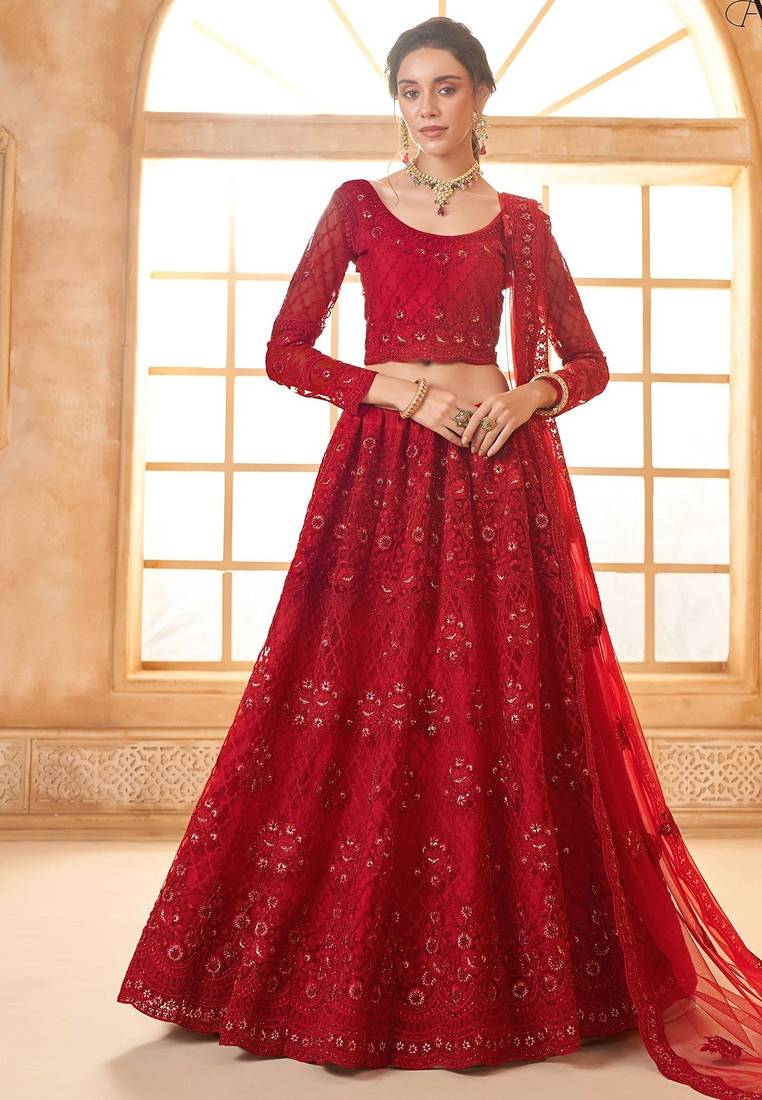 Red Embroidered Net Thread Work Lehenga Choli - Free size