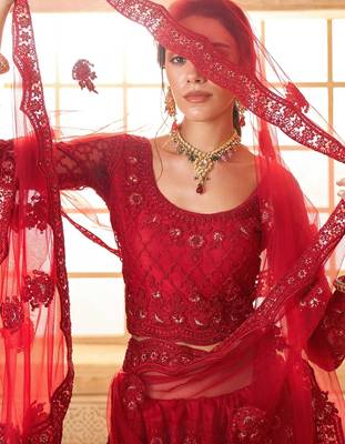 Red Embroidered Net Thread Work Lehenga Choli - Free size 2