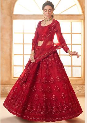 Red Embroidered Net Thread Work Lehenga Choli - Free size 3
