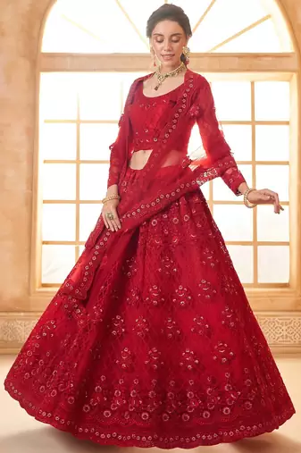 Red Embroidered Net Thread Work Lehenga Choli - Free size