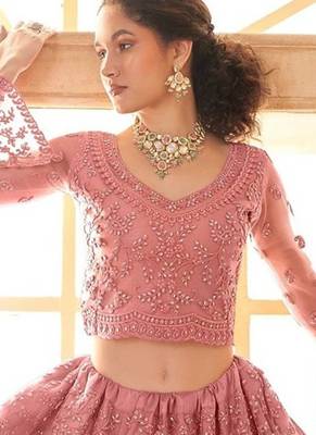 Pink Embroidered Net Thread Work Lehenga Choli - Free size 2