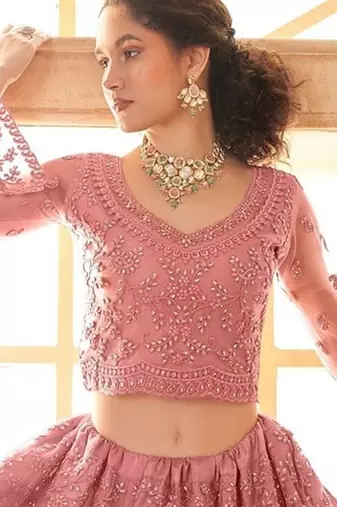 Pink Embroidered Net Thread Work Lehenga Choli - Free size