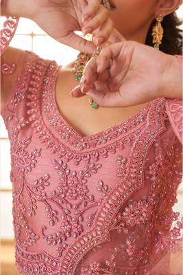 Pink Embroidered Net Thread Work Lehenga Choli - Free size 3