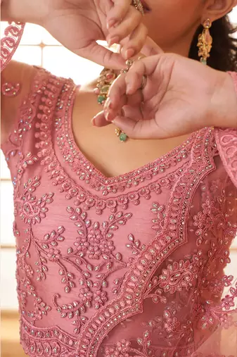 Pink Embroidered Net Thread Work Lehenga Choli - Free size