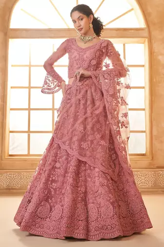 Pink Embroidered Net Thread Work Lehenga Choli - Free size